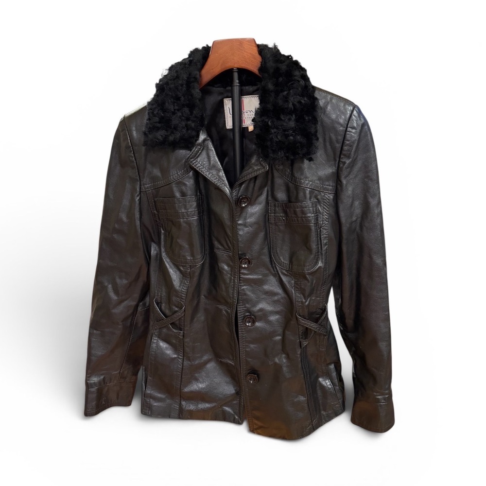 70s Wilsons House of Suede and Leather Vtg Black Jacket Faux Fur Collar Womens S